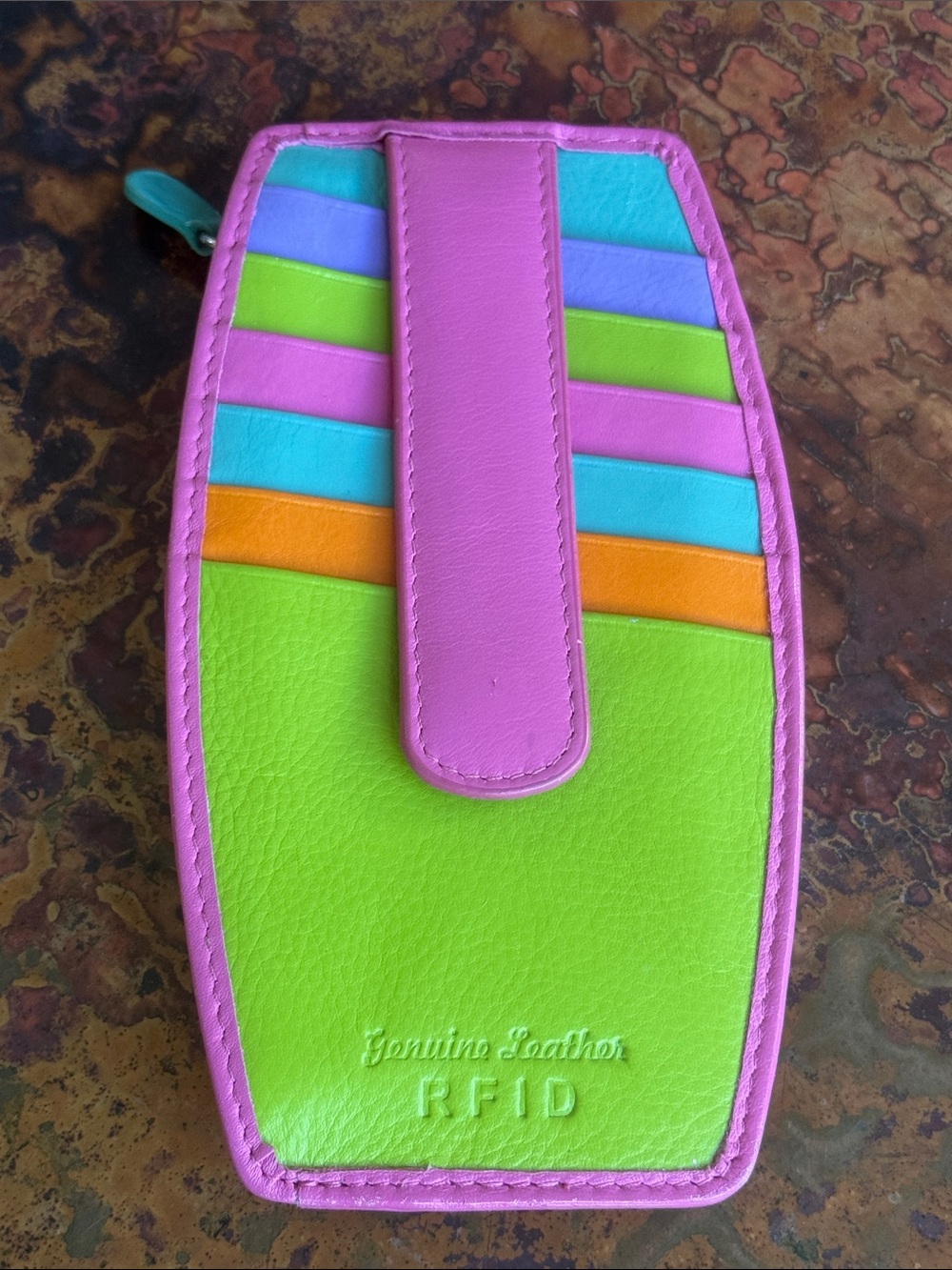 Bright Neon Multicolor RFID Leather 10 Card Holder Wallet with Zip Top 6”x 3 1/2